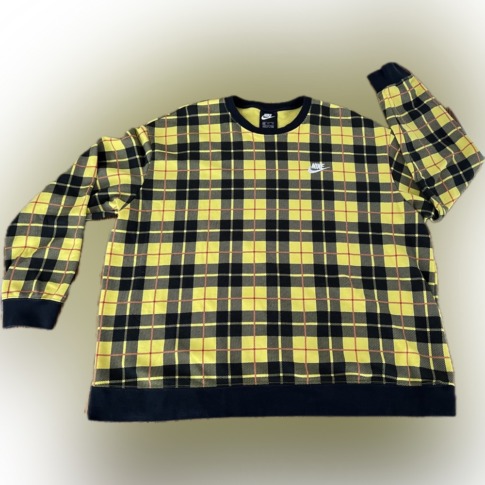 Nike Sweatshirt Womens 2XL Crewneck Plaid Yellow Black Embroidered Swoosh